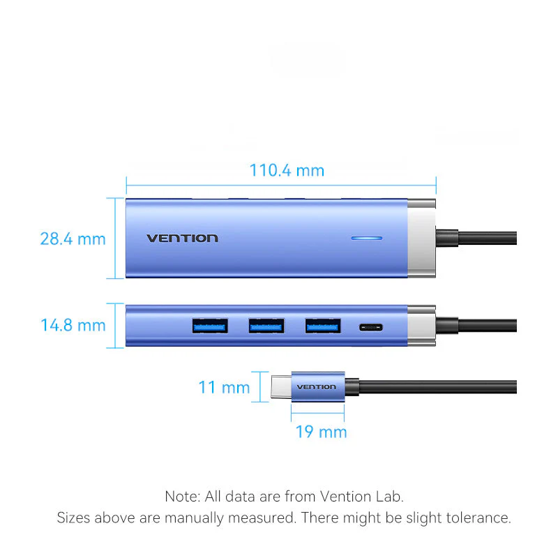 Vention 5-in-1 USB-C Docking Station - USB-C to HDMI + USB 3.0 x 3 + PD - 0.15M (Blue) (TGESB) - Image 11