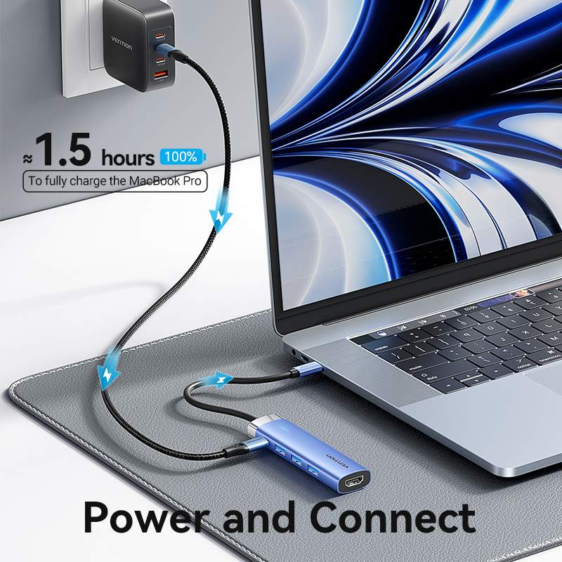 Vention 5-in-1 USB-C Docking Station - USB-C to HDMI + USB 3.0 x 3 + PD - 0.15M (Blue) (TGESB) - Image 4