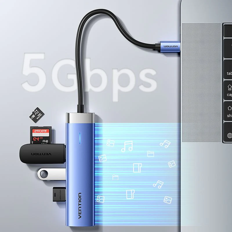 Vention 5-in-1 USB-C Docking Station - USB-C to HDMI + USB 3.0 x 3 + PD - 0.15M (Blue) (TGESB) - Image 5