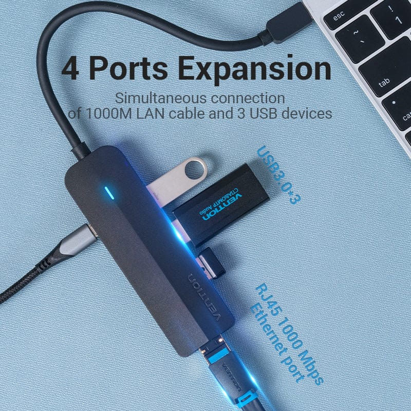 Vention 5-in-1 USB-C Hub with Gigabit Ethernet Adapter - USB-C to USB 3.0 x 3 + RJ45 + Micro-B - 0.15M (TGPBB) - Image 2