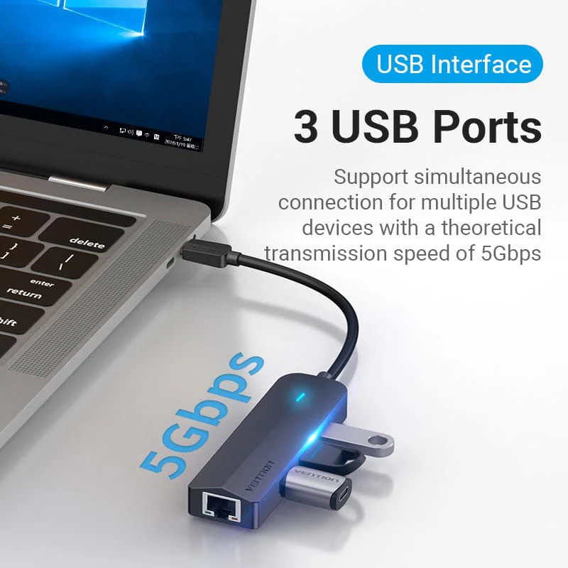Vention 5-in-1 USB-C Hub with Gigabit Ethernet Adapter - USB-C to USB 3.0 x 3 + RJ45 + Micro-B - 0.15M (TGPBB) - Image 3