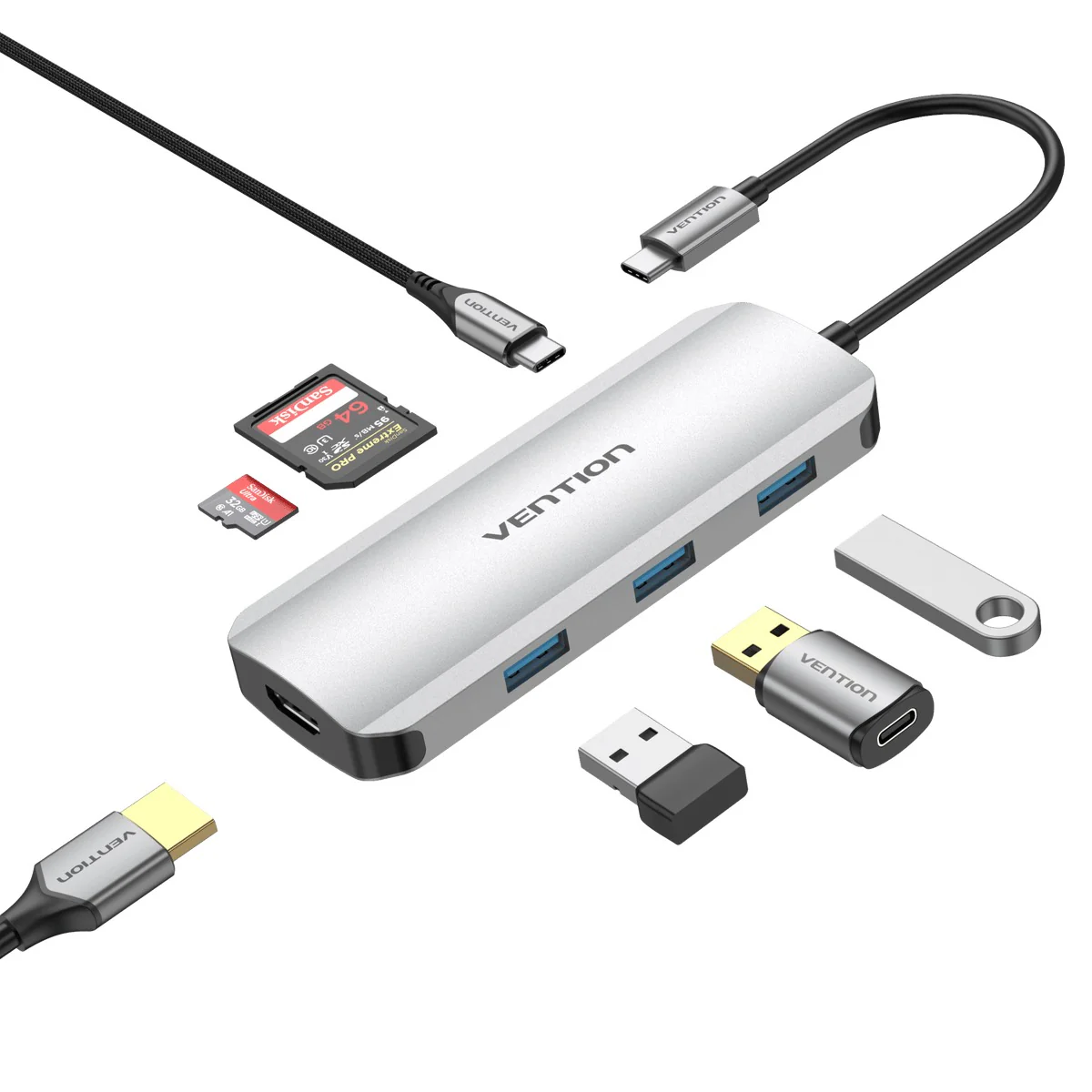 Vention 7-in-1 USB-C Docking Station - USB-C to HDMI + USB 3.0 x 3 + SD + TF + PD - 0.15M (TOJHB)