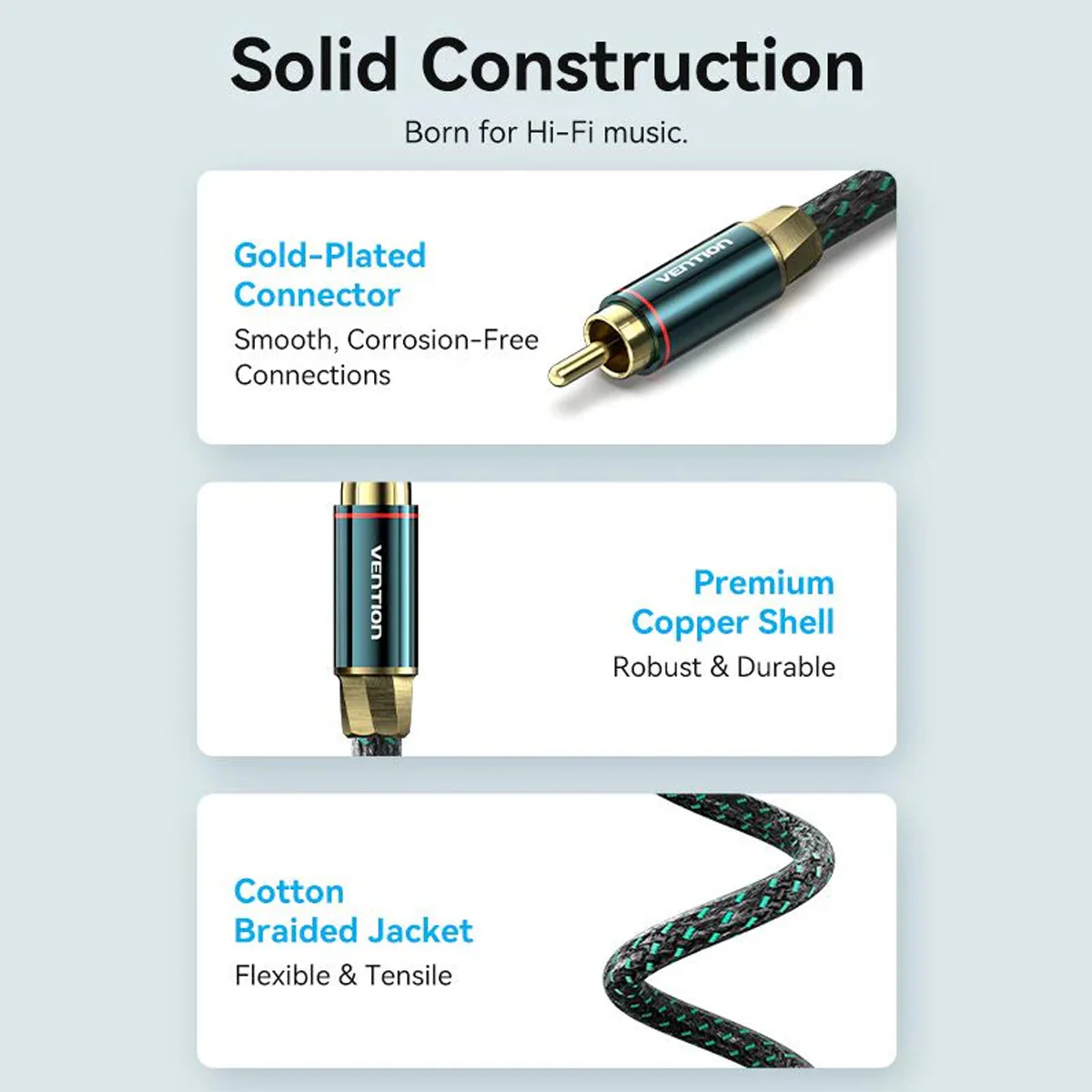 Vention Cotton Braided RCA Male to Male Coaxial Audio Cable - Green Copper Type 2M (BCTGH) - Image 11
