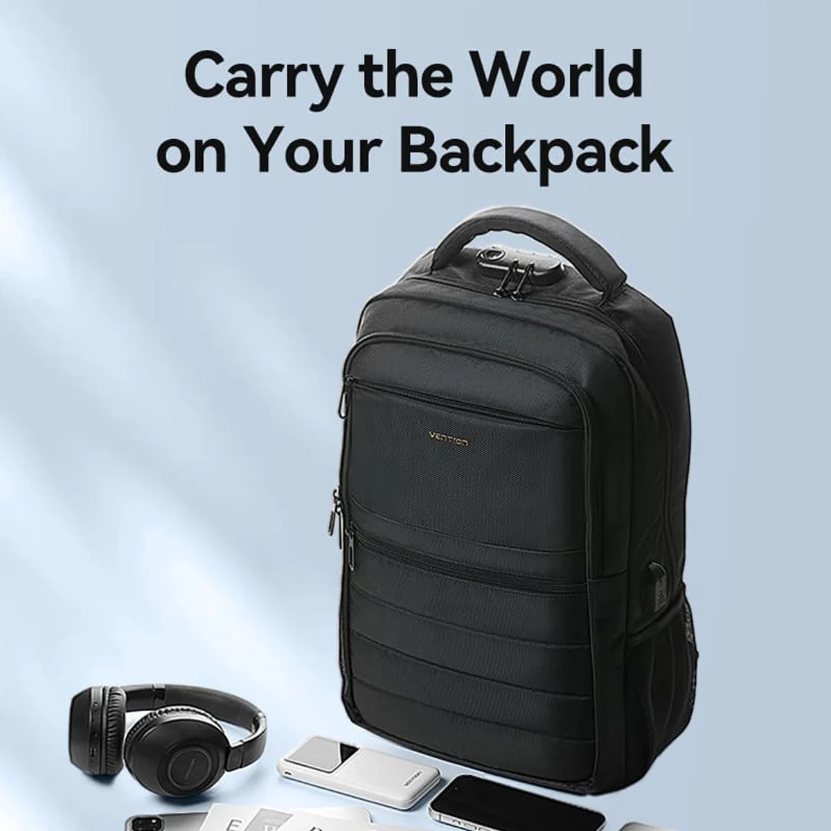 Vention Water-Repellent Laptop Backpack with USB & Lock Equipped - 20L (Black) (KRKB0) - Image 4
