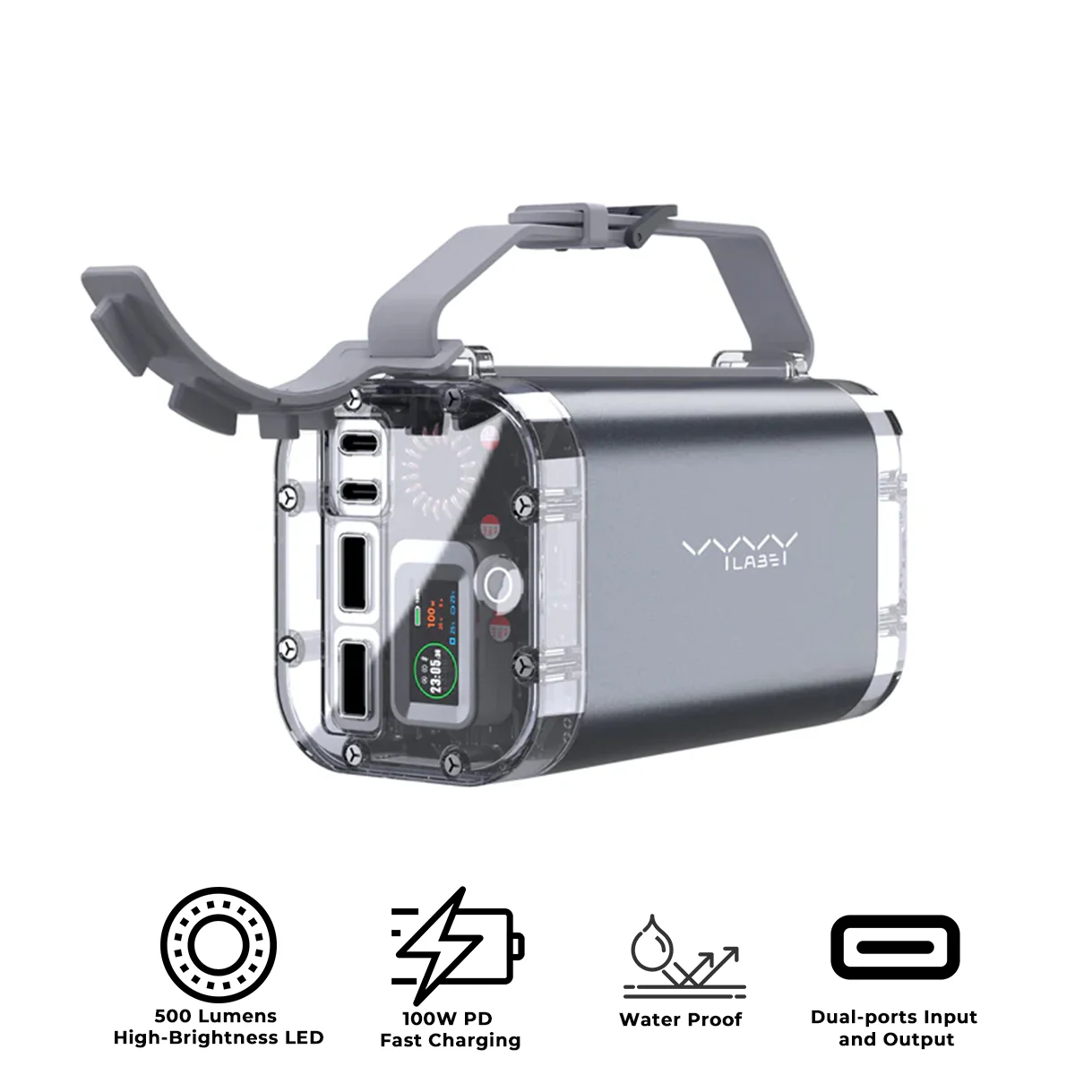 Vyvylabs P1 Outdoor Digital Display Mini Power Bank 40000mAh 100W Waterproof+Light (Dark Gray) (VP14100)