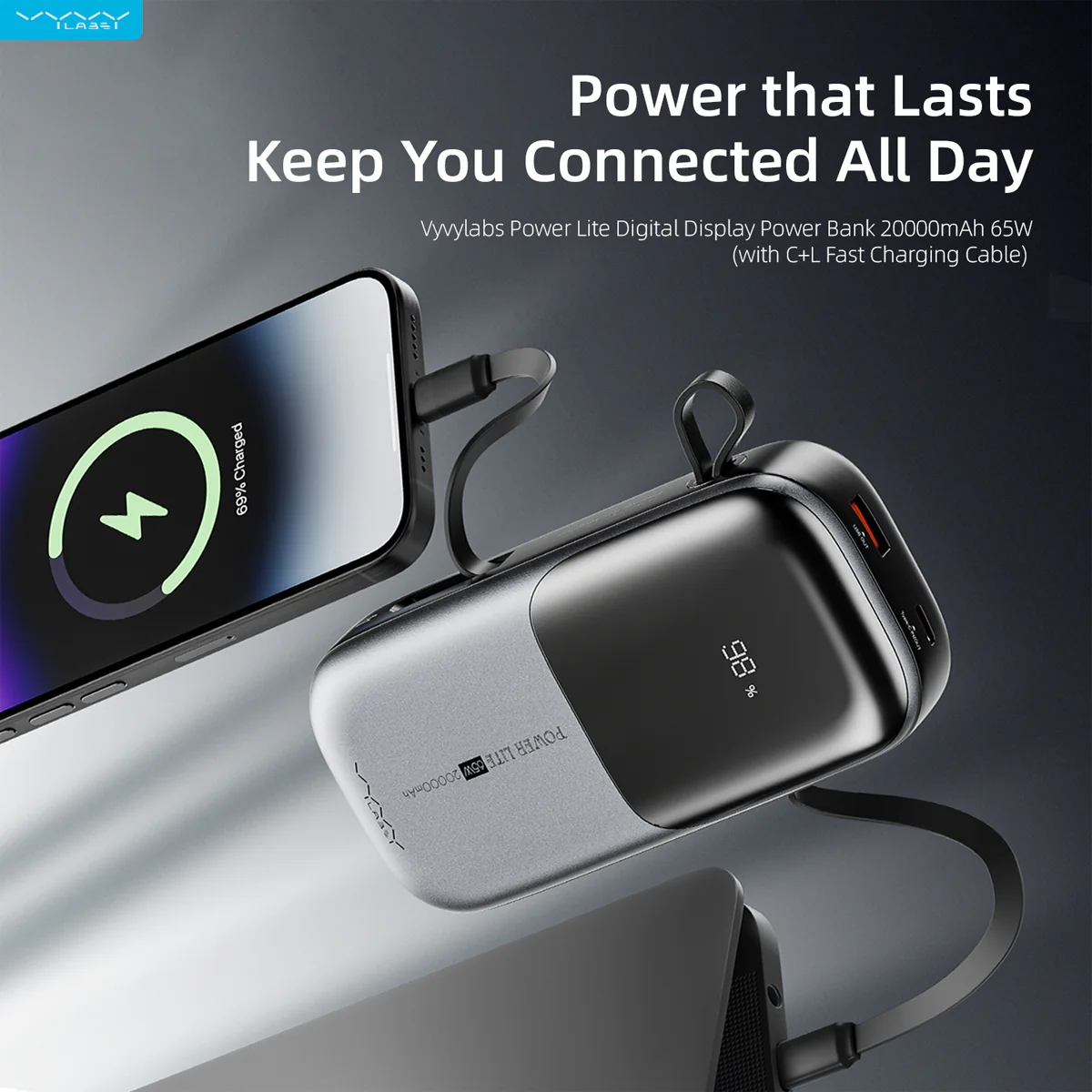 Vyvylabs Power Lite Digital Display Power Bank 20000mAh 65W with C+L Fast Charging Cable (Tarnish) (VBQ08-TN) - Image 12