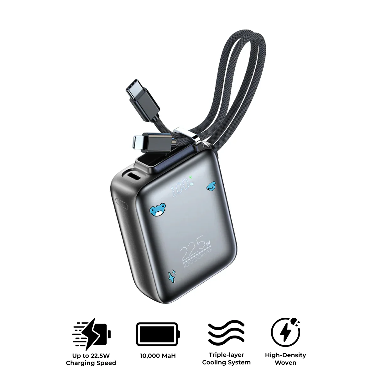 Vyvylabs SwiftPow Power Bank 10000mAh 22.5W with Dual Cable C+L (Black) (XG-D930-BK)