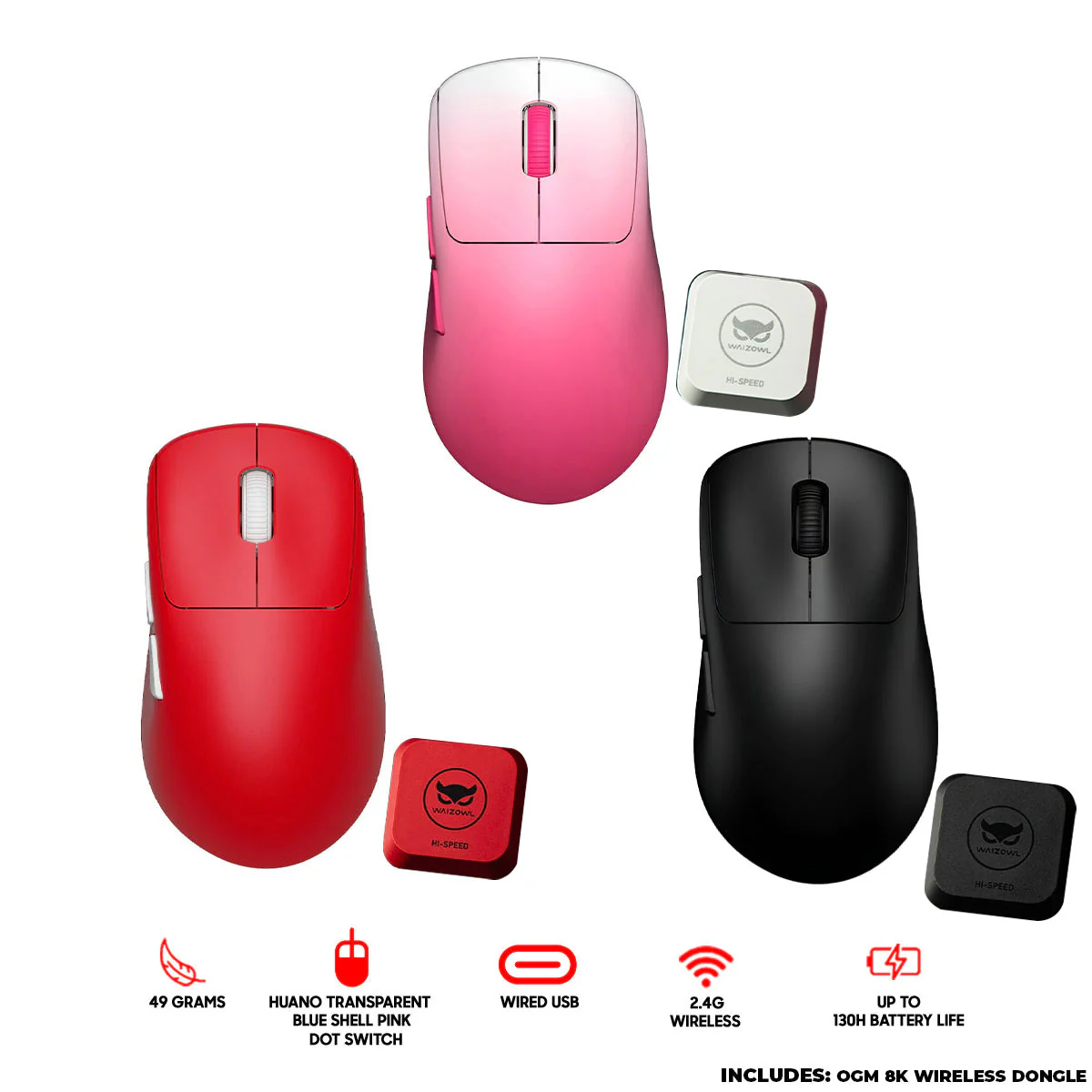 Waizowl OGM Pro V2 Wireless Ultralight Tri-Mode eSports Mouse (Black, Red, Pink)