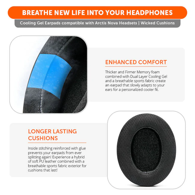 Wicked Cushions Arctis Nova Earpads (Compatible w/ Arctis Nova 1/1P/1X, 3, 4/4P/4X, 5/5P/5X, 7/7P/7X, Nova Pro Wired) - WC FreeZe Cooling Gel (Black, Black Camo, Red Camo, Speed Racer, Hex Red, 90s White, 90s Black, Navy Tiger, Geo Grey) - Image 4