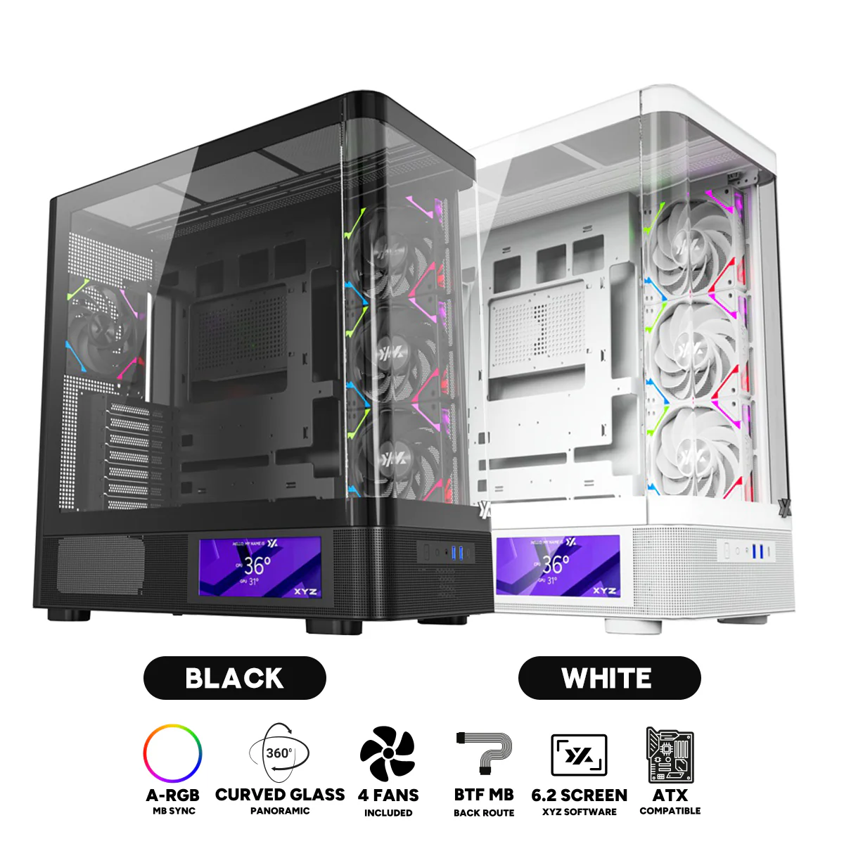 XYZ Quantum Pro ATX Curved Glass Panoramic PC Case with 4 Pre-Installed 120mm/140mm Vortex ARGB Fans & 6.2" (960x360) Smart Display Screen (Black, White)