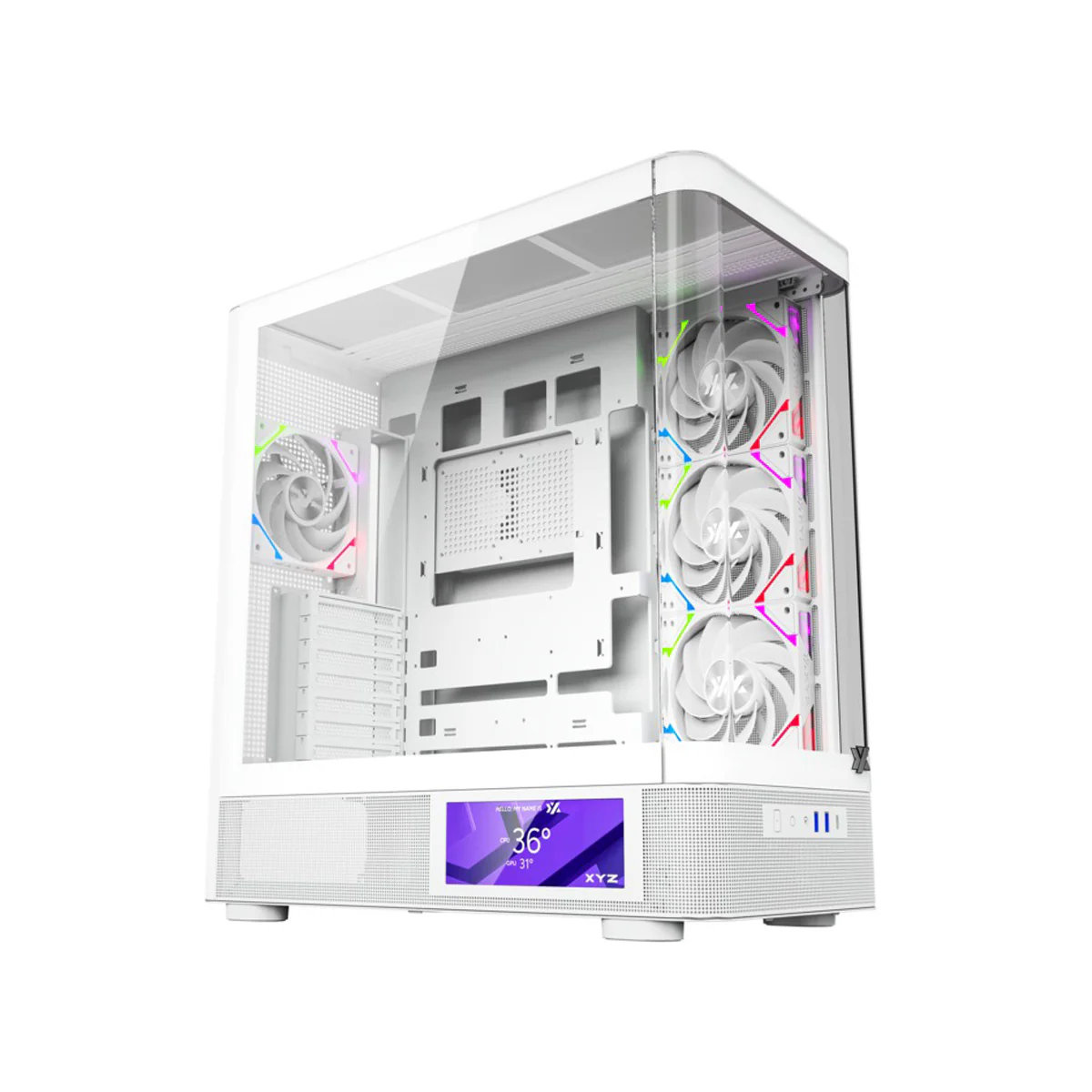 XYZ Quantum Pro ATX Curved Glass Panoramic PC Case with 4 Pre-Installed 120mm/140mm Vortex ARGB Fans & 6.2" (960x360) Smart Display Screen (Black, White) - Image 10