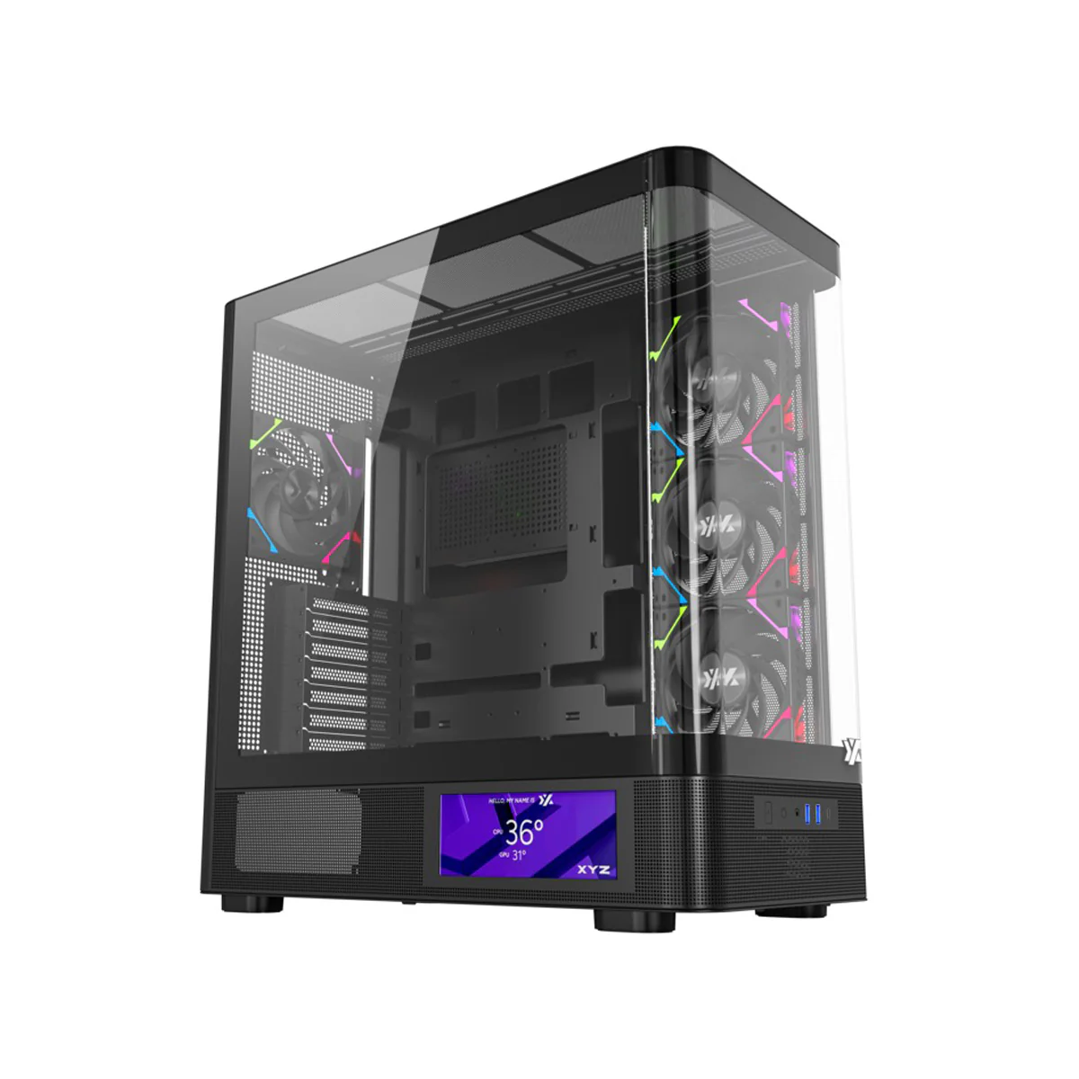 XYZ Quantum Pro ATX Curved Glass Panoramic PC Case with 4 Pre-Installed 120mm/140mm Vortex ARGB Fans & 6.2" (960x360) Smart Display Screen (Black, White) - Image 2