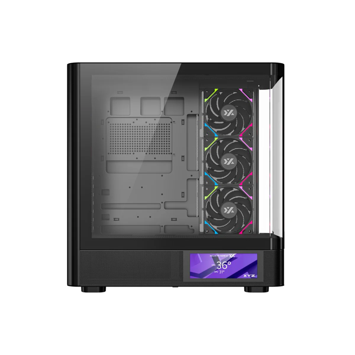 XYZ Quantum Pro ATX Curved Glass Panoramic PC Case with 4 Pre-Installed 120mm/140mm Vortex ARGB Fans & 6.2" (960x360) Smart Display Screen (Black, White) - Image 3